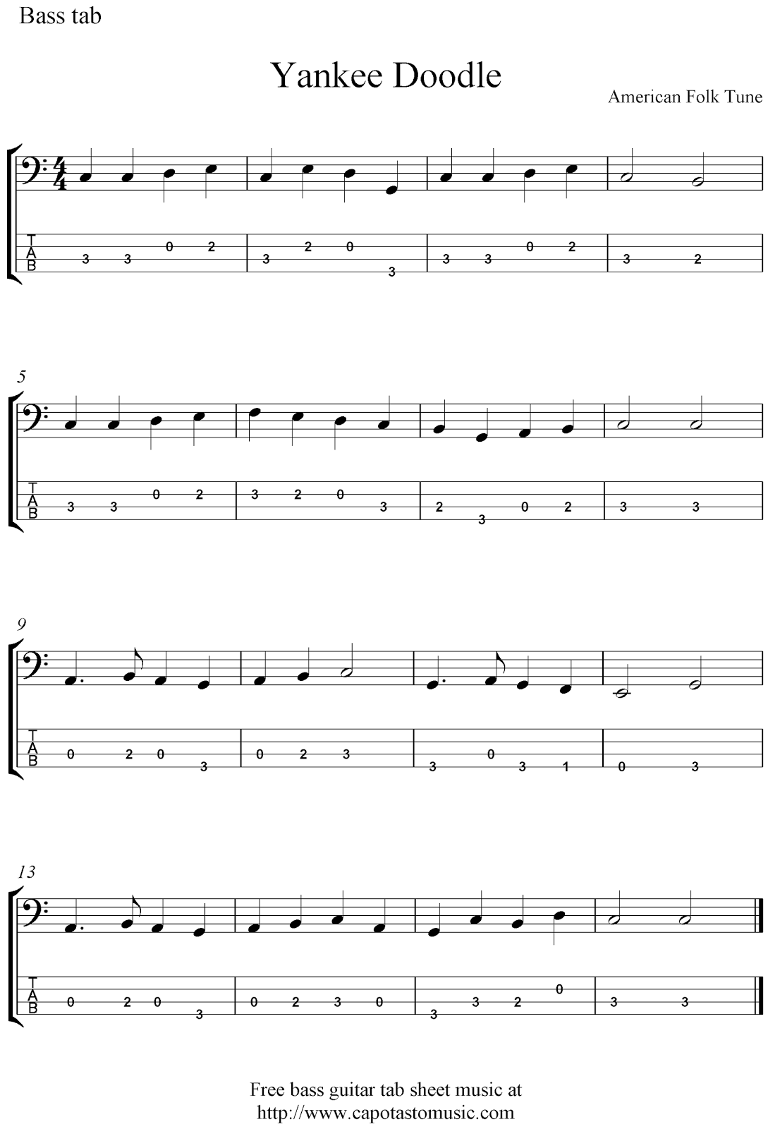 Free bass guitar tab sheet music, Yankee Doodle