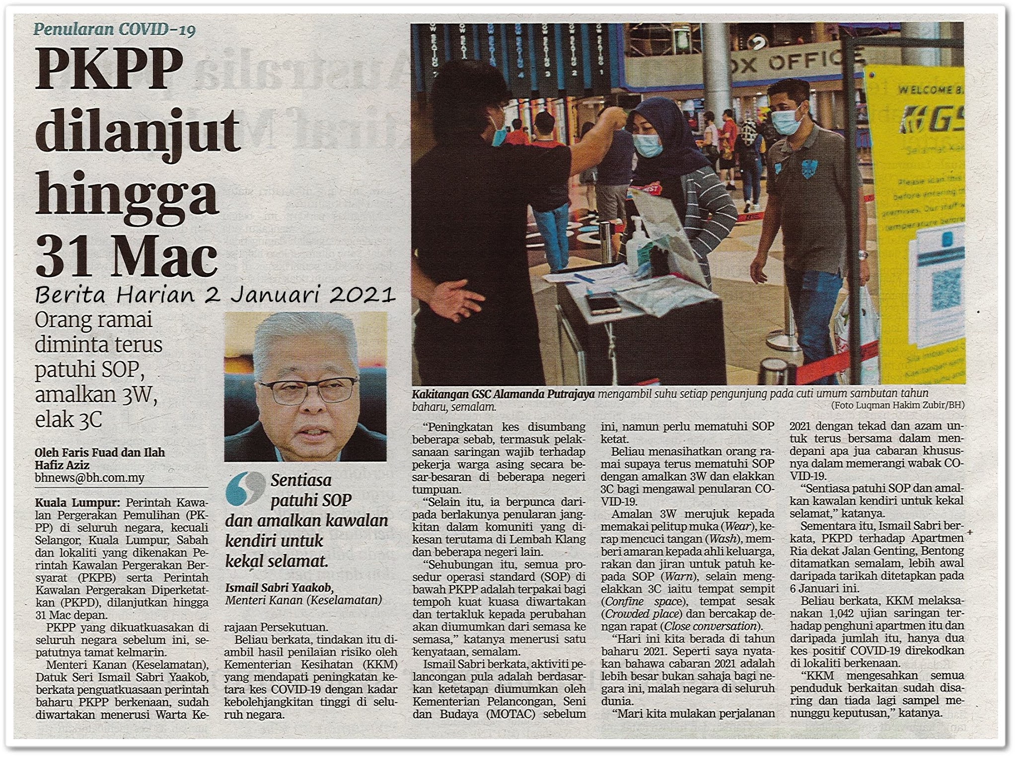 PKPP dilanjut sehigga 31 Mac - Keratan akhbar Berita Harian 2 Januari 2021