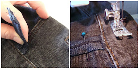 Add belt loops to pants by sewing loop to the base of the waistband