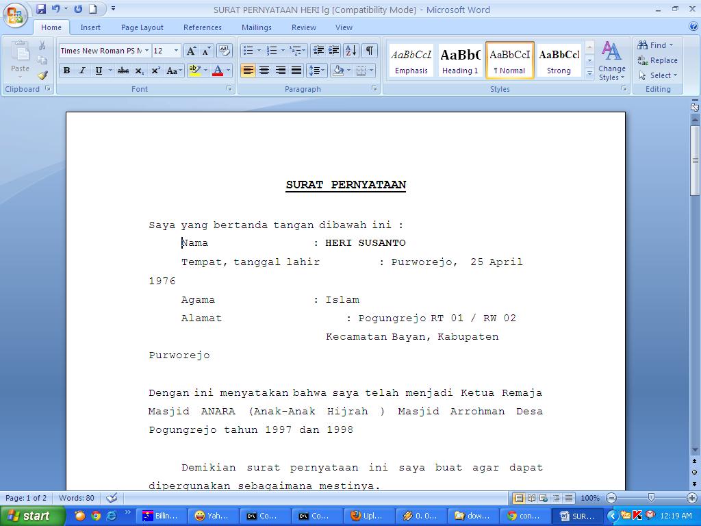 Contoh Surat Pernyataan Anggota  contoh surat dan 