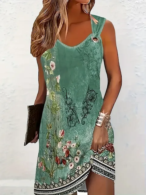 Floral Print Ring Decor Tank Dress
