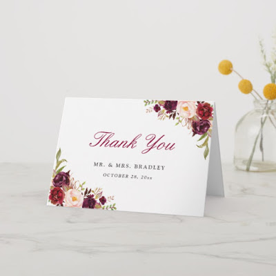  Burgundy Marsala Red Rustic Floral Thank You Card