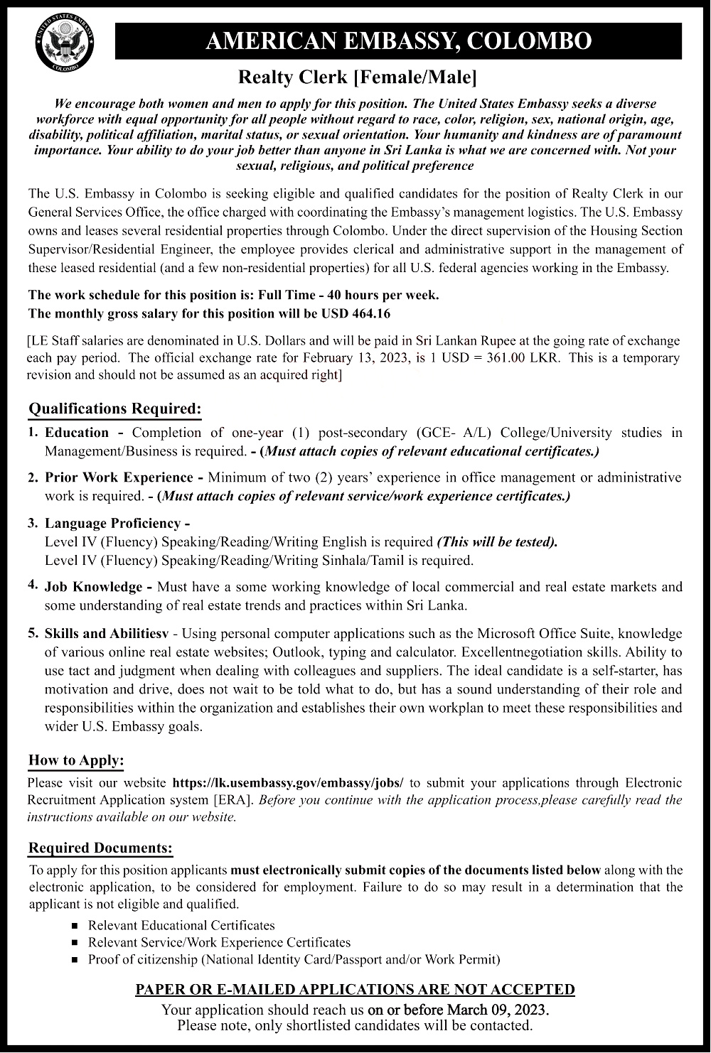 Embassy Jobs in Sri Lanka 2023