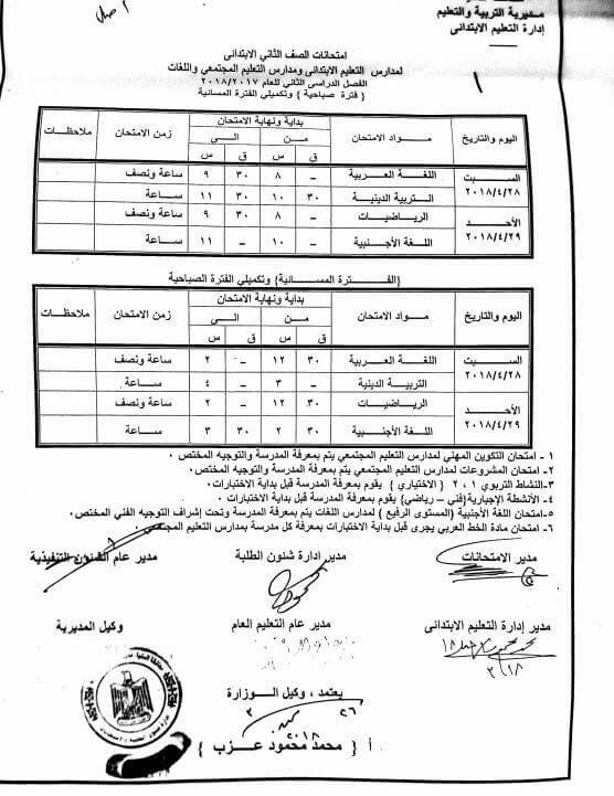 جدول امتحانات الصف الثاني الابتدائي 2018 الترم الثاني محافظة المنيا