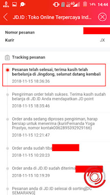 Nah nantinya akan terlacak paket kalian pada menu Tracking Pesanan, yang sudah di beli dari JD.id sudah sampai mana. Berhubung ini paket saya sudah nyampe lama sekali jadi tulisannya Pesanan telah selesai. Kurir nya sendiri JX Express.