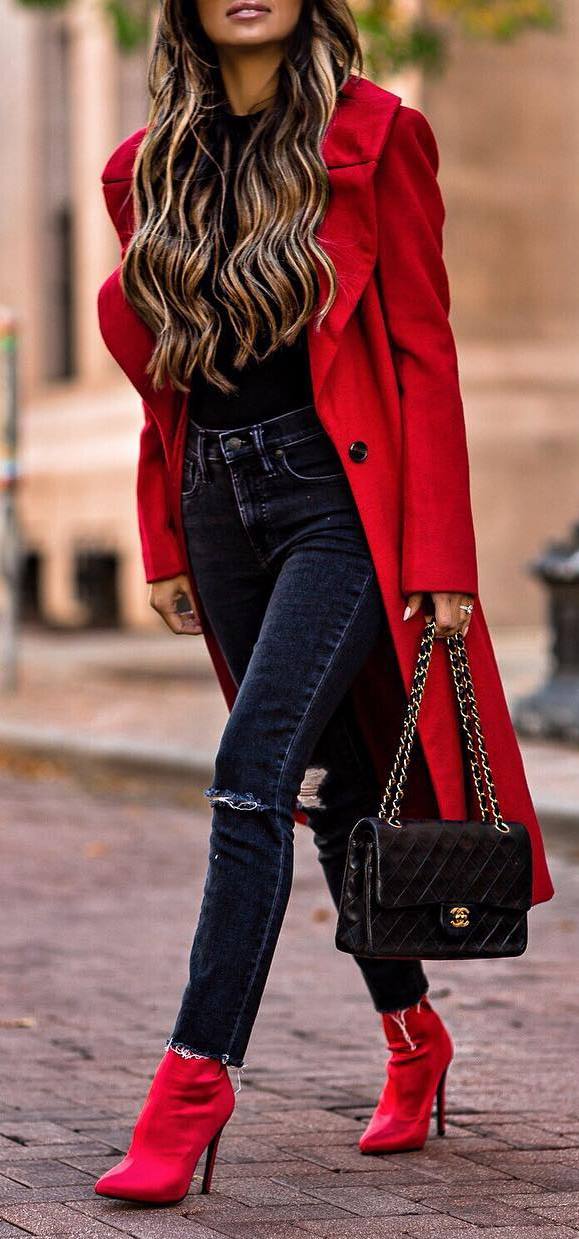 red and black | coat + top + skinnies + bag + boots