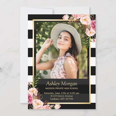  Elegant Floral Gold Black White Stripes Graduation Announcement