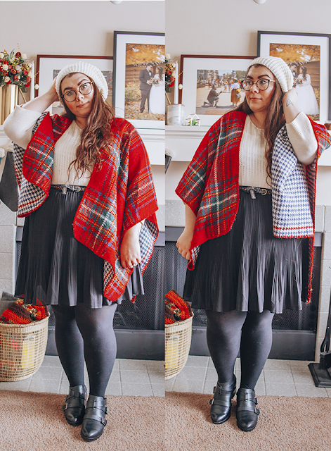 Tartan plaid shawl, white 3/4 sleeve sweater, white knit beret, black pleated skirt, black tights, black booties