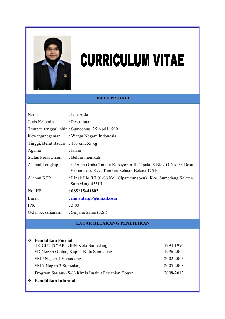 Contoh Curriculum Vitae Menarik  Download Lengkap