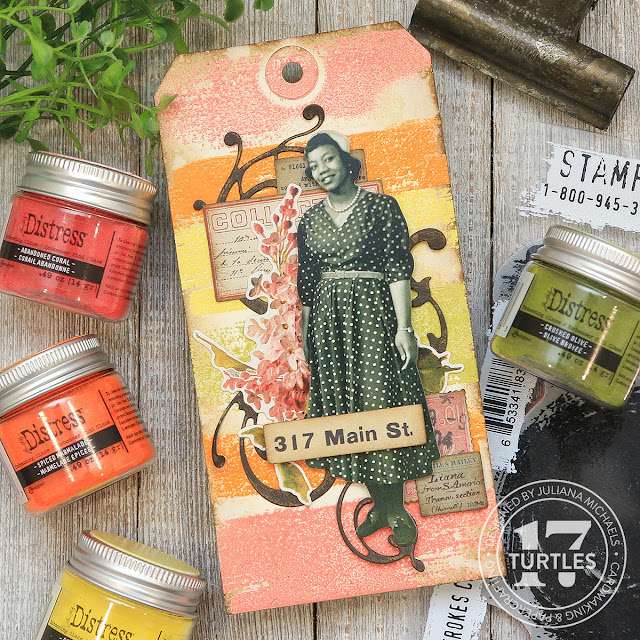 Brushstrokes Stamp Set with Abandoned Coral, Squeezed Lemonade, Spiced Marmalade and Crushed Olive Embossing Glaze Tag by Juliana Michaels featuring Tim Holtz Embossing Glaze