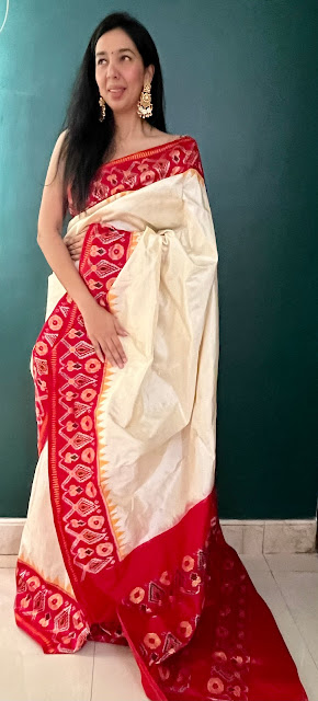 Lush red and pearl white silk pochampally saree