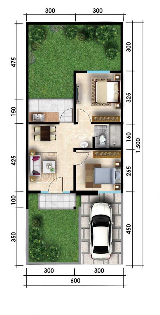 Denah rumah minimalis  ukuran 6x15 meter 2 kamar tidur 1 