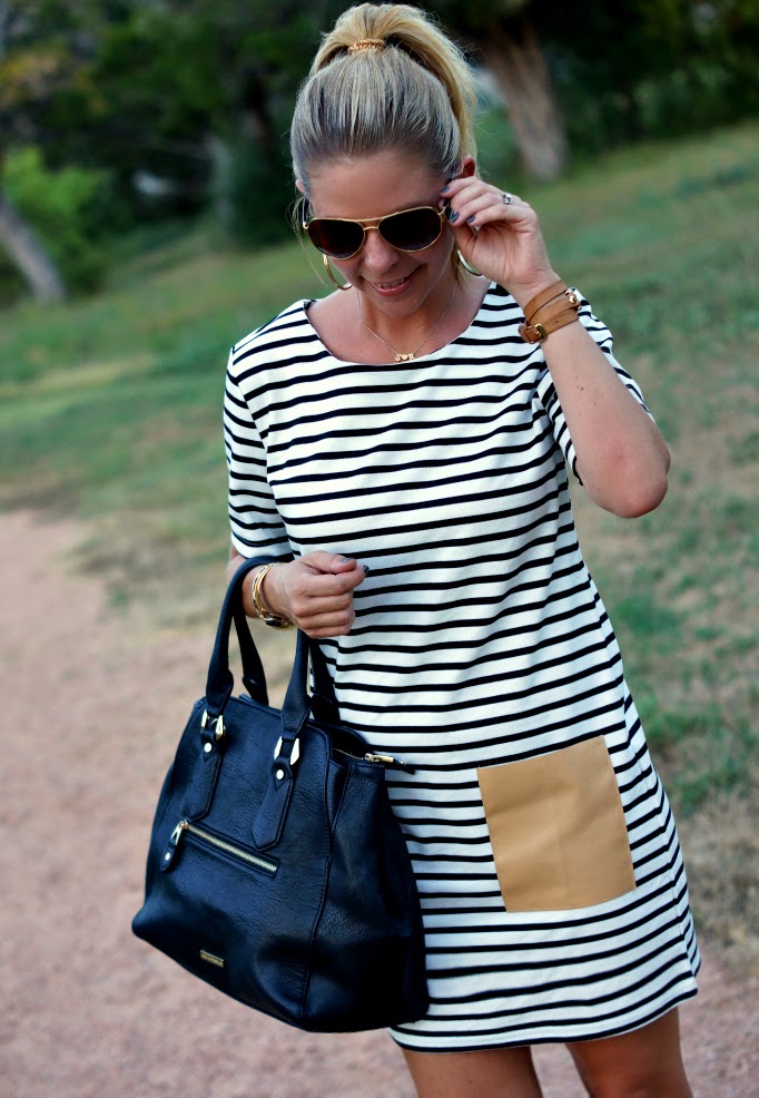 stripe tunic dress with leather front pockets