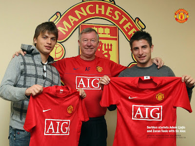 Serbian starlets Adem Ljajic and Zoran Tosic with Sir Alex Ferguson