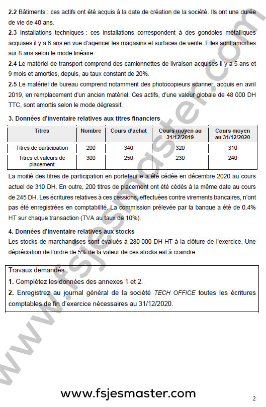 Exemple Examen Licence Epreuve de Comptabilité Générale II avec Corrigé 2021 - Fsjes Souissi