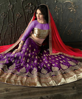 Embroidered Purple Lehnga with Red Dupatta