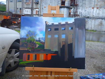 Plein air oil painting of the back of the White Bay Power Station by industrial heritage artist Jane Bennett