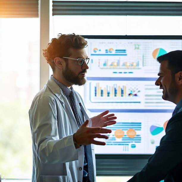 A pharma sales representative is captured mid-presentation to a doctor, highlighting a sleek chart demonstrating the benefits of the drug they're discussing.