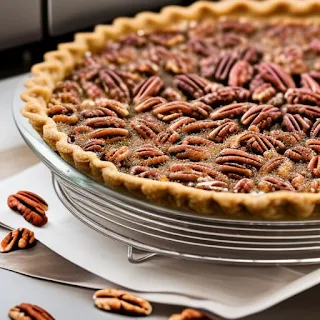 Pecan pie sitting on the counter in a white kitchen