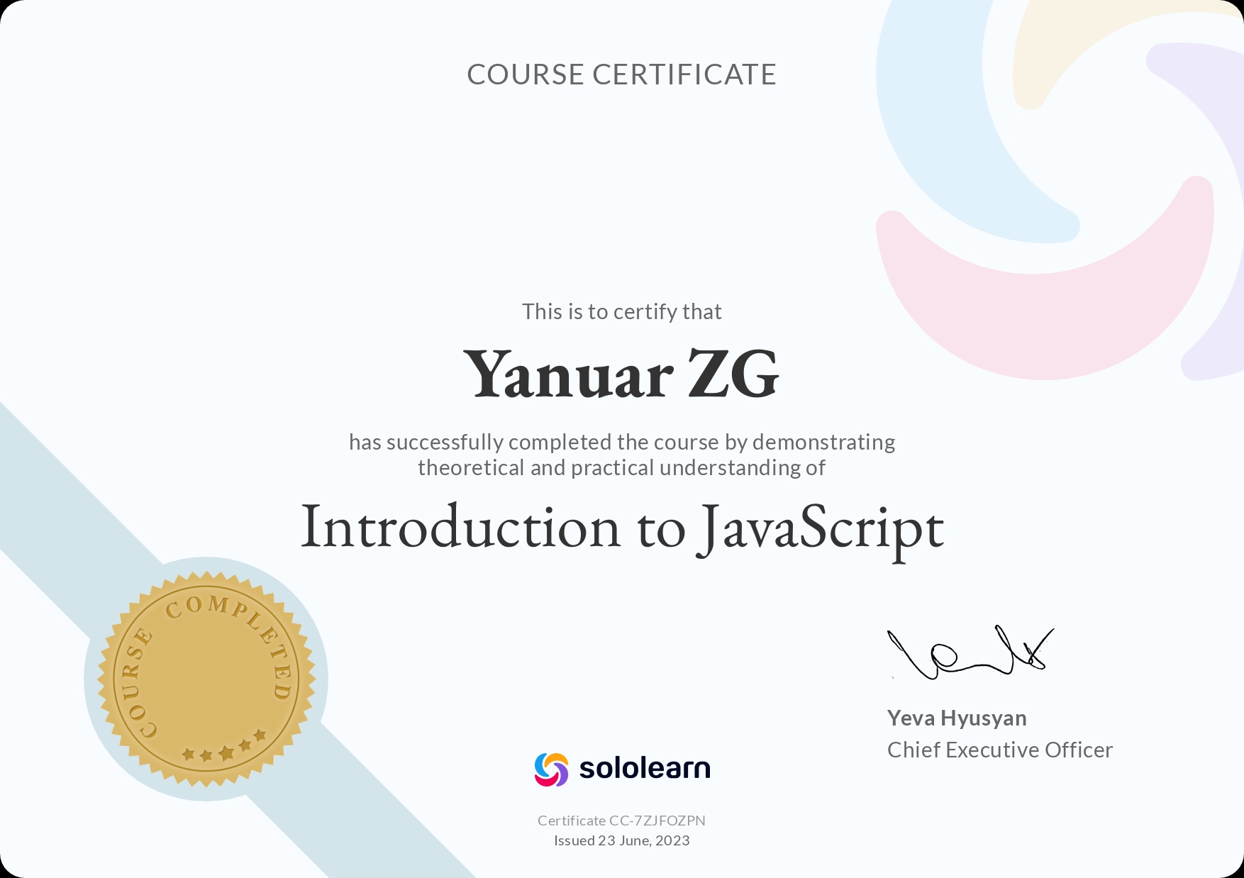 JavaScript Sololearn Certificate