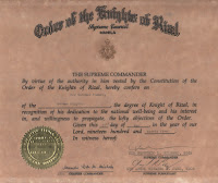 Guenther Vomberg 's Knighthood Certificate of the Order