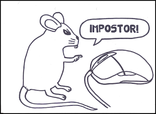 a cartoon mouse pointing at a computer mouse and saying "impostor!"