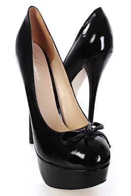 Black Patent Faux Leather Bow Tie Platform Pump Heels