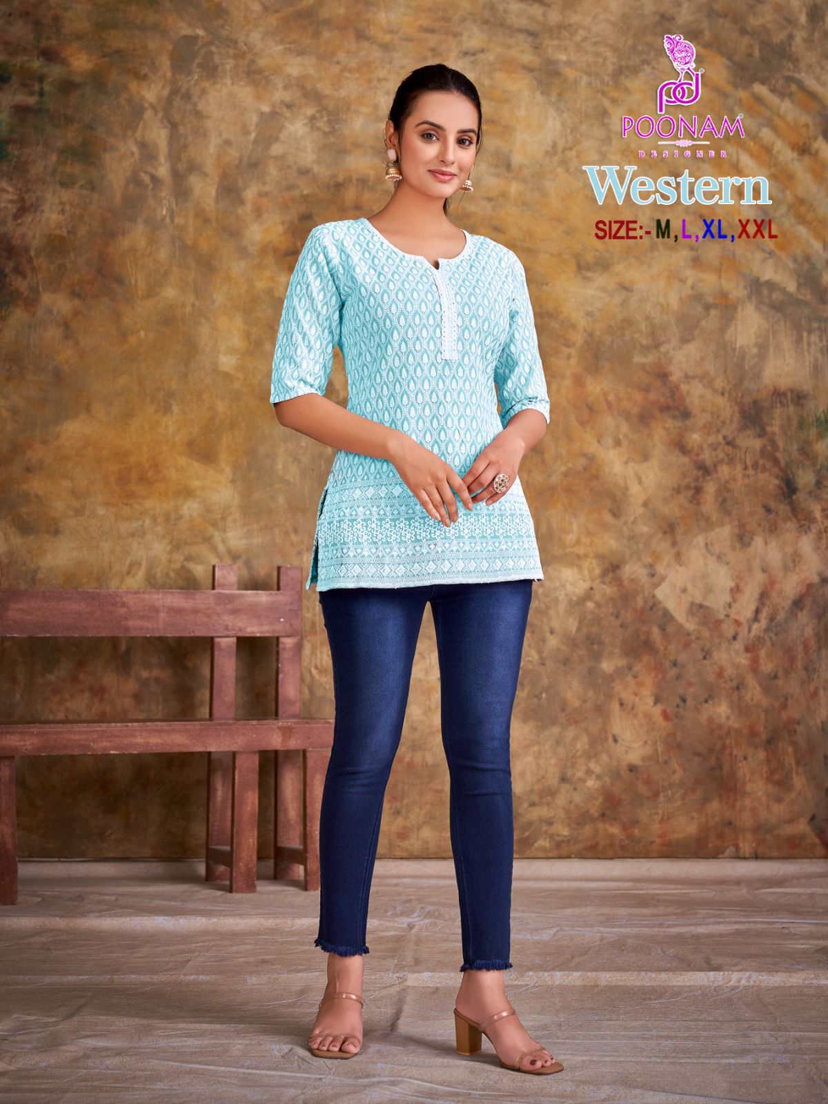 Notch Neck Light Green Cotton Embroidered Tunic | Poonam Digital-1008 |  Cilory.com