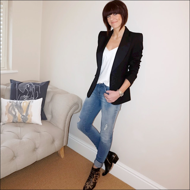 My Midlife Fashion, Zara tuxedo jacket, mango flowy top, zara distressed skinny jeans, chloe susanna studded ankle boots