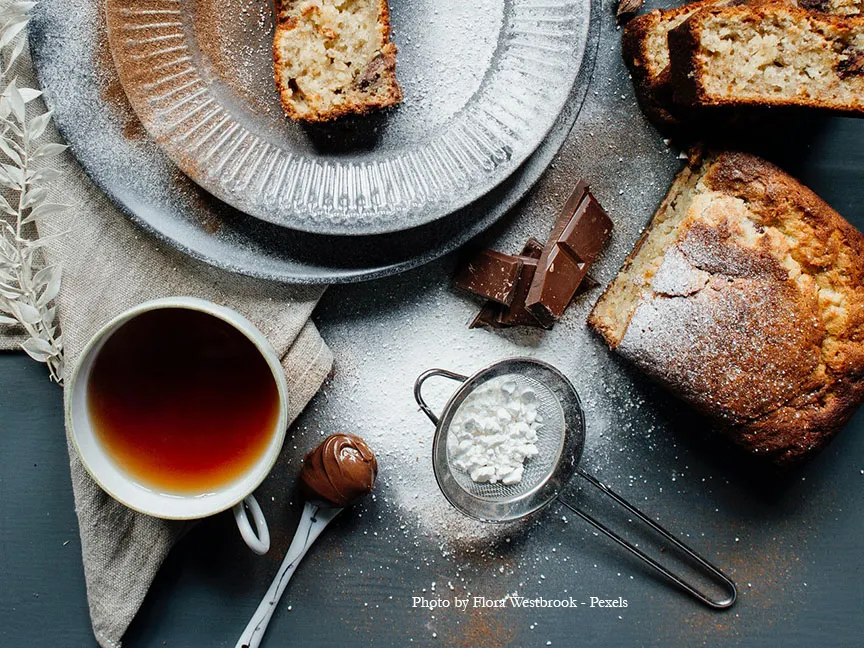 Chocolate banana bread with a cup of tea