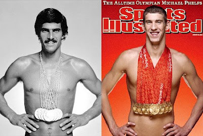 Mark Spitz wearing 7 gold medals Michael Phelps eight gold medals