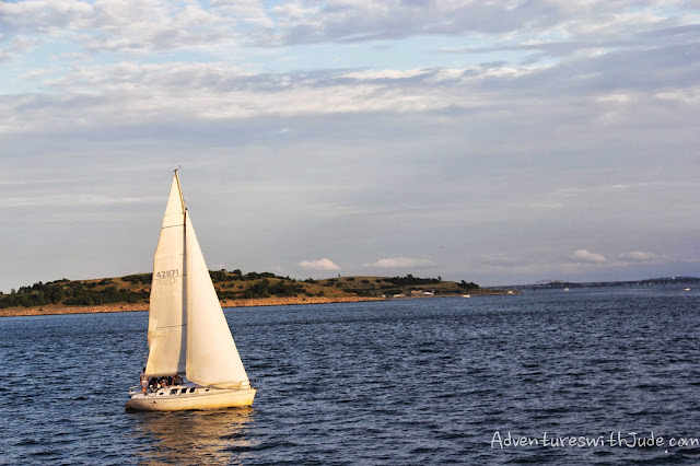 sailboat at sunset, boston harbor