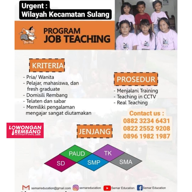 Lowongan Kerja Tentor Guru Pendidik Bimbingan Belajar Semar Education Wilayah Kecamatan Sulang Rembang