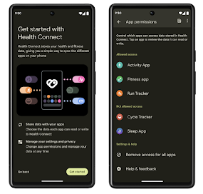 Image of two devices side-by-side showing Health Connect on the left and app permissions in Health Connect on the right