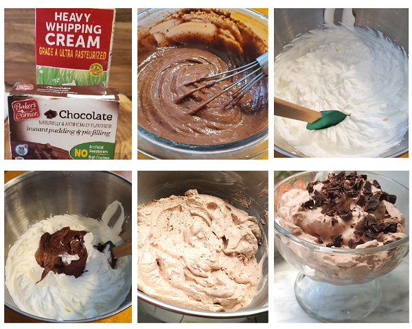 this is a collage of step by step how to make a buffet style chocolate fluffy dessert