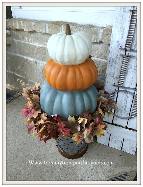Chalk- Painted- Pumpkin-Stack-Blue-Gray-Orange-White-Porch-Decor-From My Front Porch To Yours
