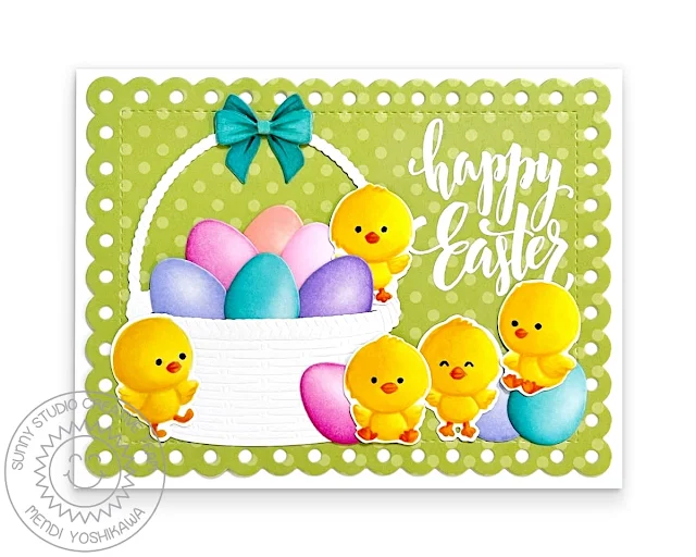 Sunny Studio Chicks & Eggs Scalloped Easter Card using Chickie Baby Stamps, Wicker Basket, & Frilly Frames Polka-Dot Dies