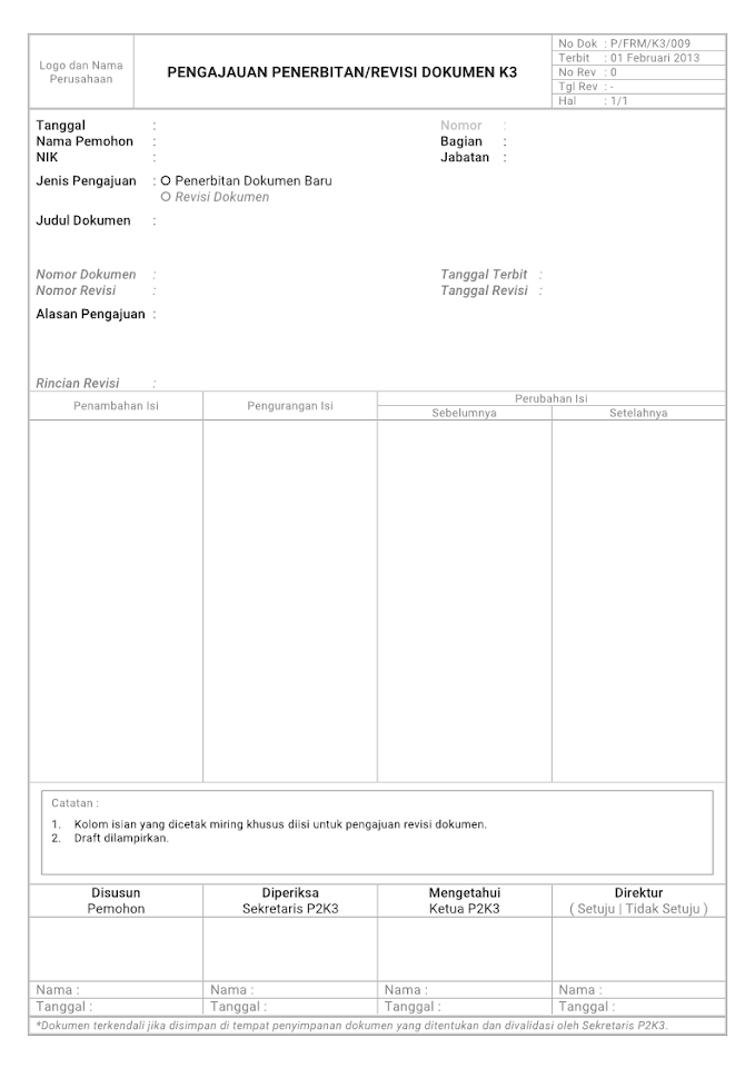 Contoh Formulir Pengajuan Penerbitan/Revisi Dokumen K3