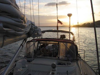 Sun setting behind Quetzal at our anchorage near Playita on the southern coast of Puerto Rico