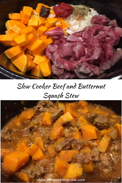 Before and after pictures of beef and butternut squash stew in a slow cooker.