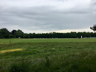 A field with people playing cricket in it.