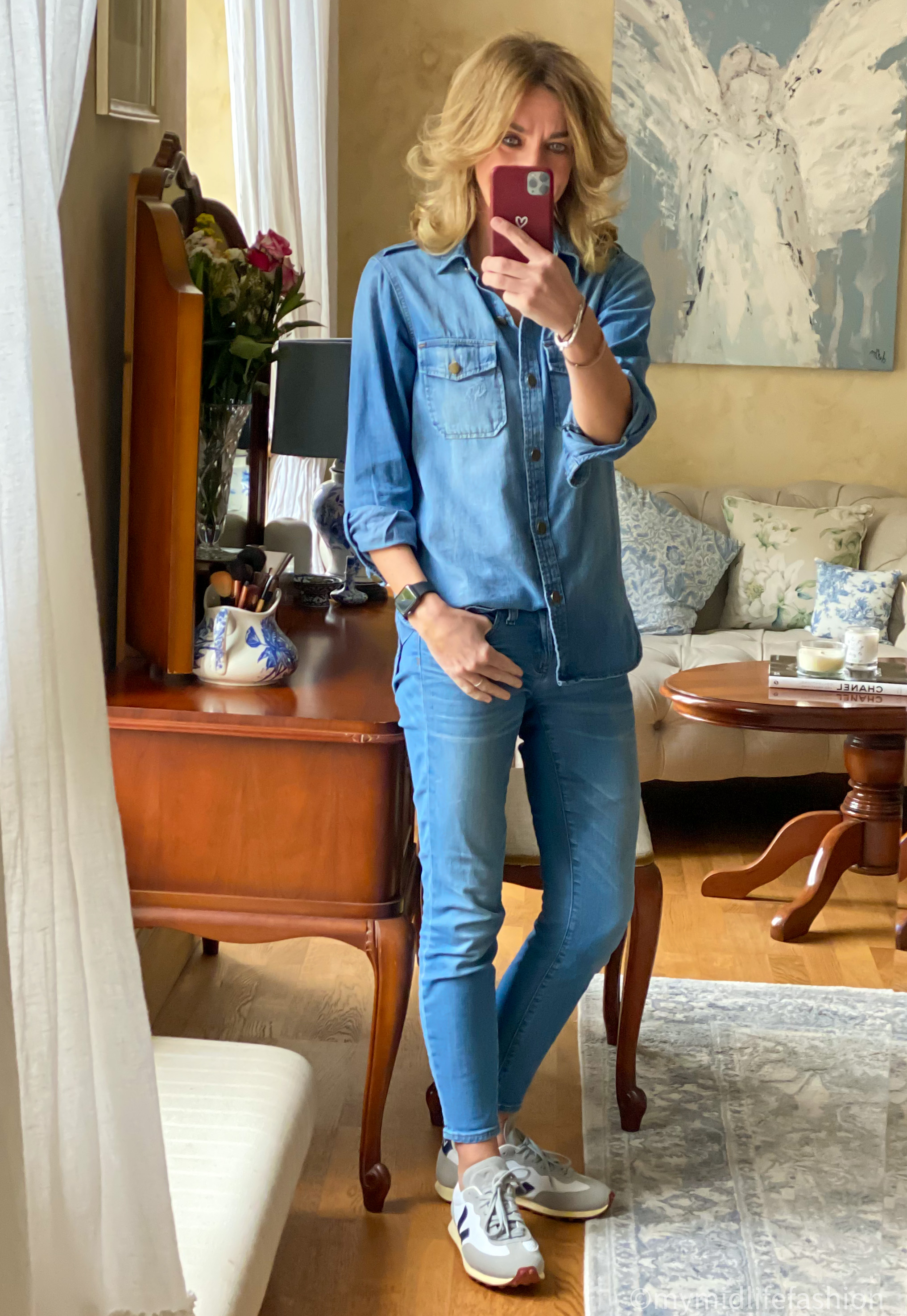 my midlife fashion, current Elliott denim shirt, j crew 8 inch toothpick skinny jeans, veja trainers