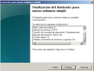 Finalización del Asistente para nuevo volumen simple