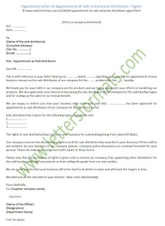 Letter of Appointment of Sole or Exclusive Distributor / Agent - Sample