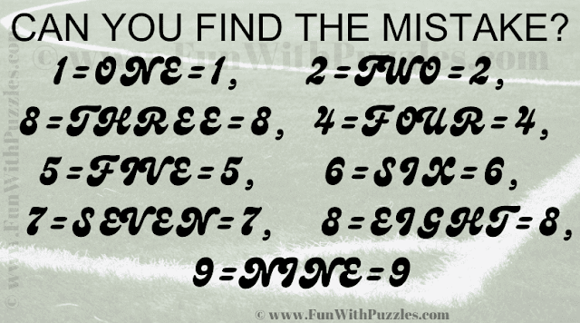 CAN YOU FIND THE MISTAKE? 1=ONE=1, 2=TWO=2, 8=THREE=8, 4=FOUR=4, 5=FIVE=5, 6=SIX=6, 7=SEVEN=7, 8=EIGHT=8, 9=NINE=9