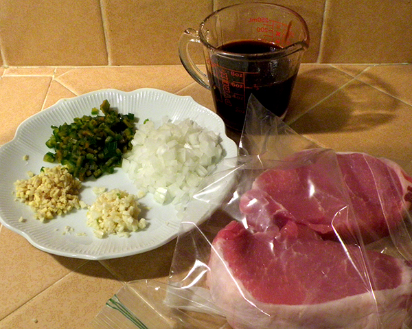 Pork in Ziplock, Chopped Savories, and Liquid marinade ingredients