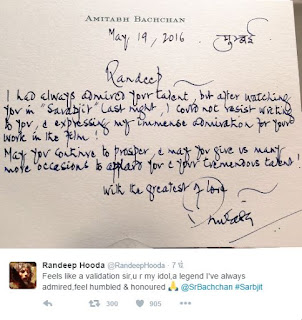 amitabh bachchan send this appreciation note to randeep hooda