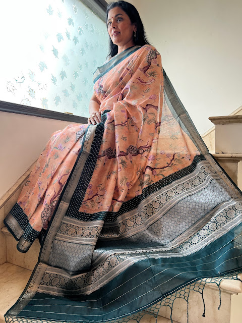 Graceful Whispers: Embracing Elegance with the Peach Digital Printed Chanderi Silk Saree