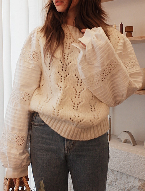 Lace-Paneled Sleeve Knit Bodice Top