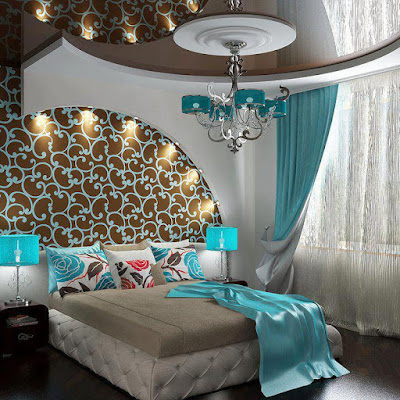Modern bedroom sets with luminous drawings on wall behind bed